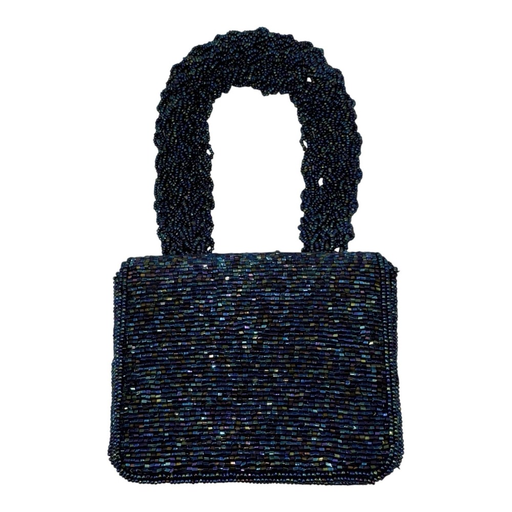 Sasha Dark Blue Beaded Sparkly Metallic Mini Bag w/ Mirror